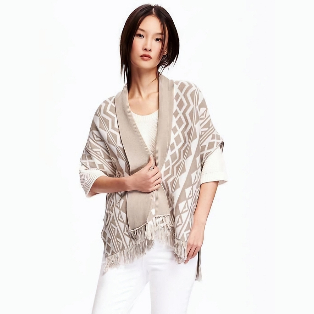 Old Navy Geometric Pattern Fringed Poncho Sweater Scarf - Cream/Beige - XL-XXL